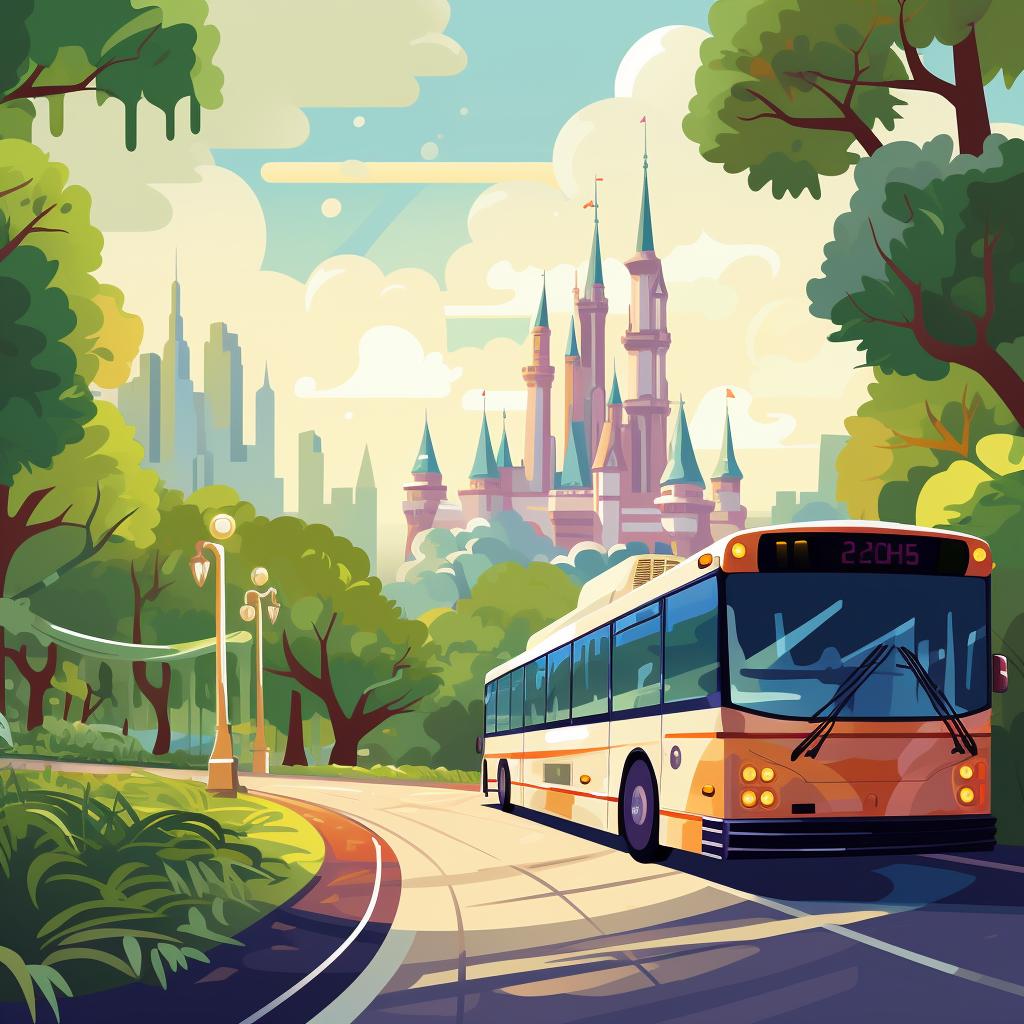 A Disney World bus at a bus stop with a park in the background.